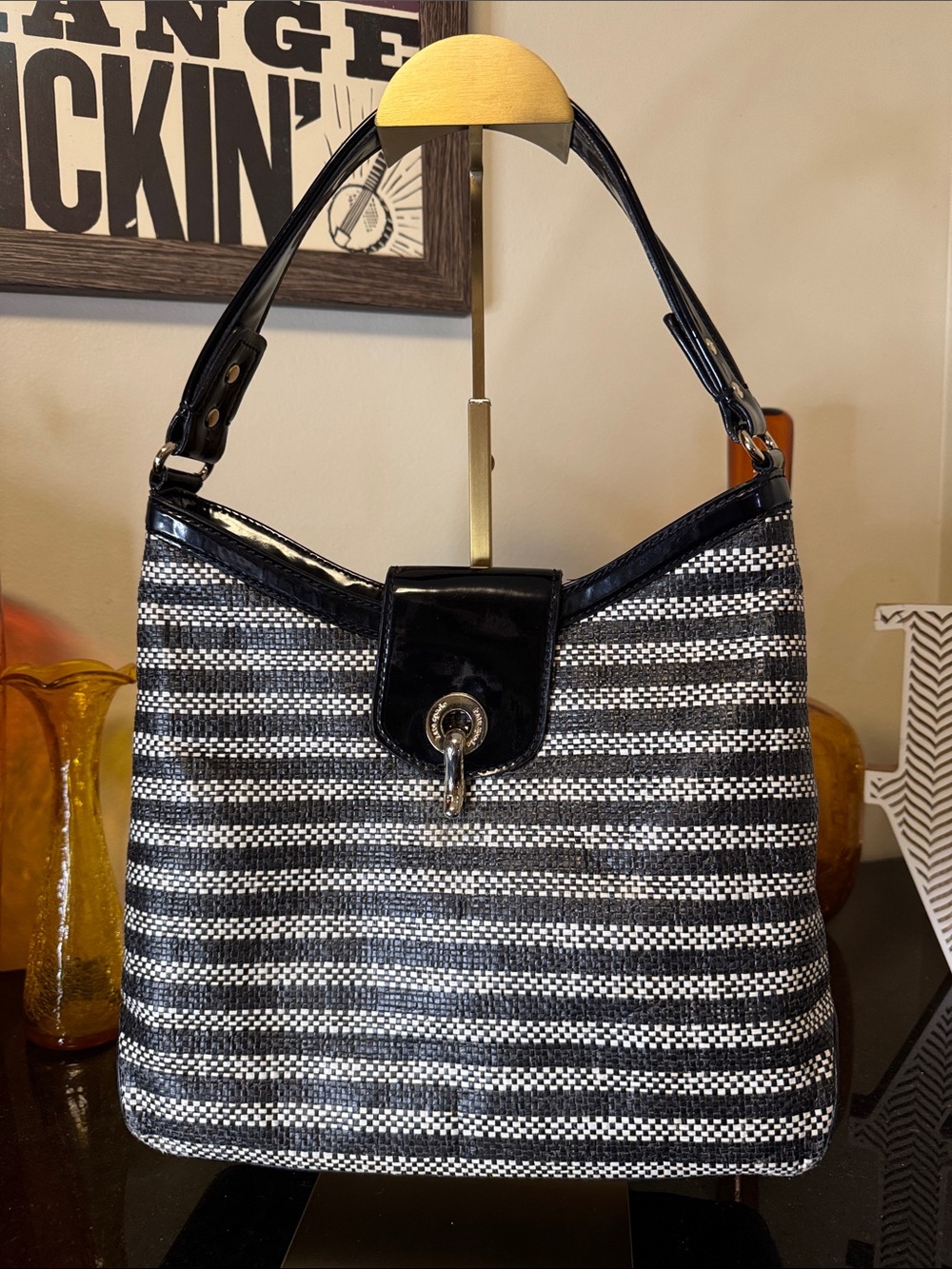 Vintage kate spade Black & White Striped Shoulder Bag Raffia w/Patent Black Trim